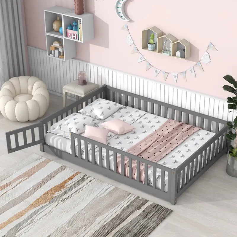 Uhomepro Full-Size Kids Floor Bed â€?Pine Wood Playhouse Design with Fence & Door