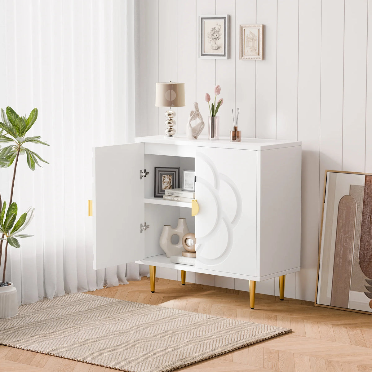 Tolead Modern Sideboard Buffet Cabinet with Flower Pattern Panel, 6 Shelves, White
