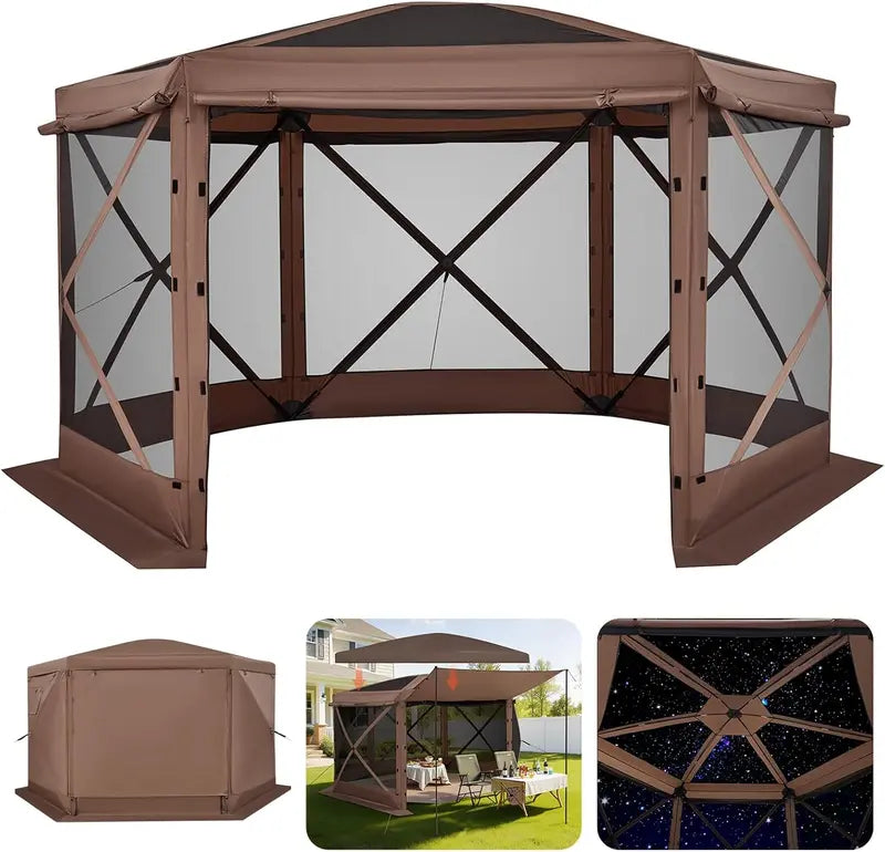 VEVOR 12×12 ft Hexagonal Pop-Up Canopy Shelter with Ventilated Mesh Windows and Compact Carry Bag