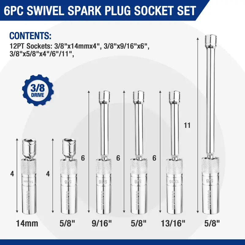 WORKPRO Extended Magnetic Spark Plug Socket Kit â€?6-Pc Thin-Wall Set with 4â€? 6â€? 11â€?Extensions