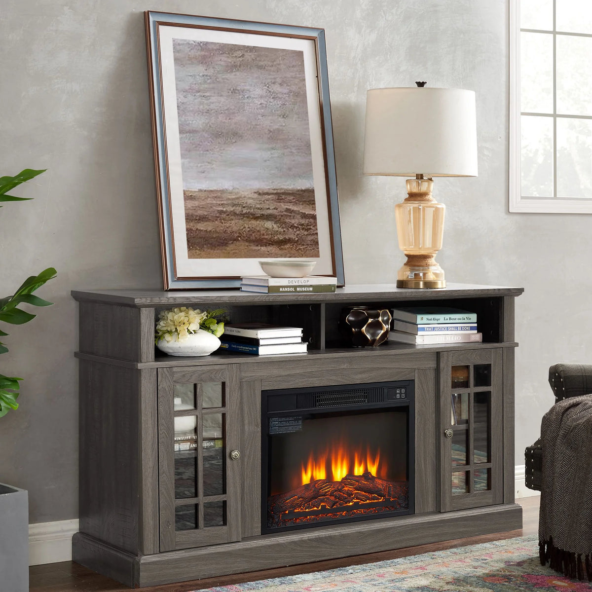 Sesslife Electric Fireplace TV Stand with Remote Control for 65 in TV, Farmhouse TV Console Table with Open Storage Shelves & 2 Cabinets, Wooden Media Entertainment Center for Living Room, Gray