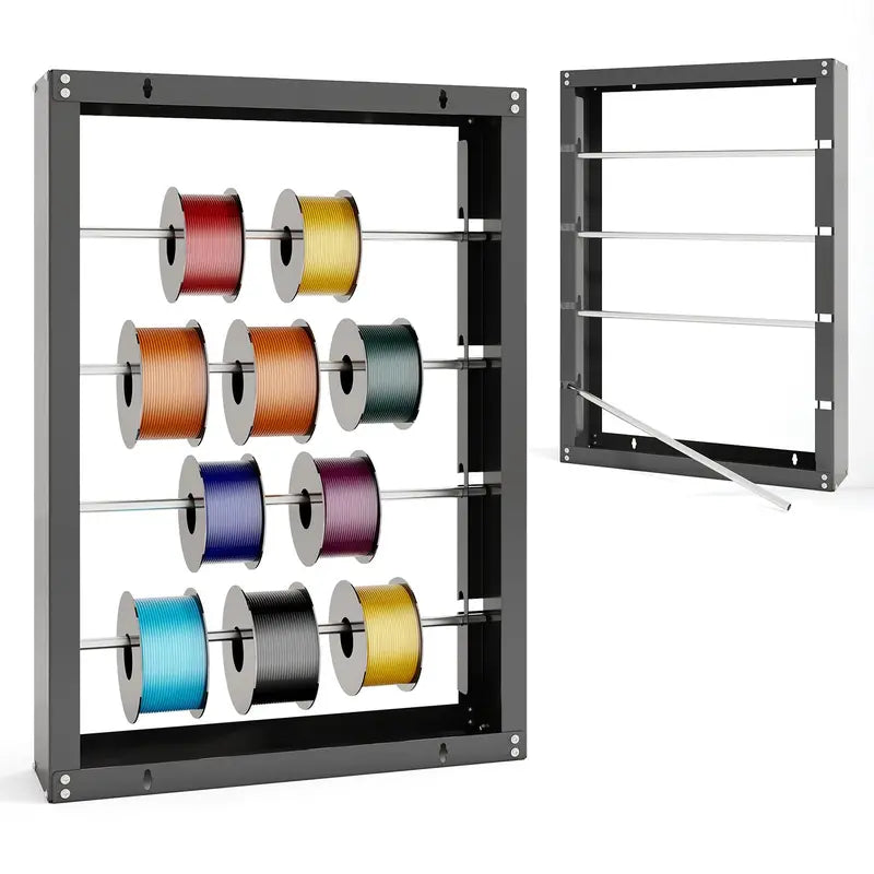 Wall-Mounted Wire Spool Rack â€?Four-Rod Cable & Ribbon Organizer with Dispensing Design