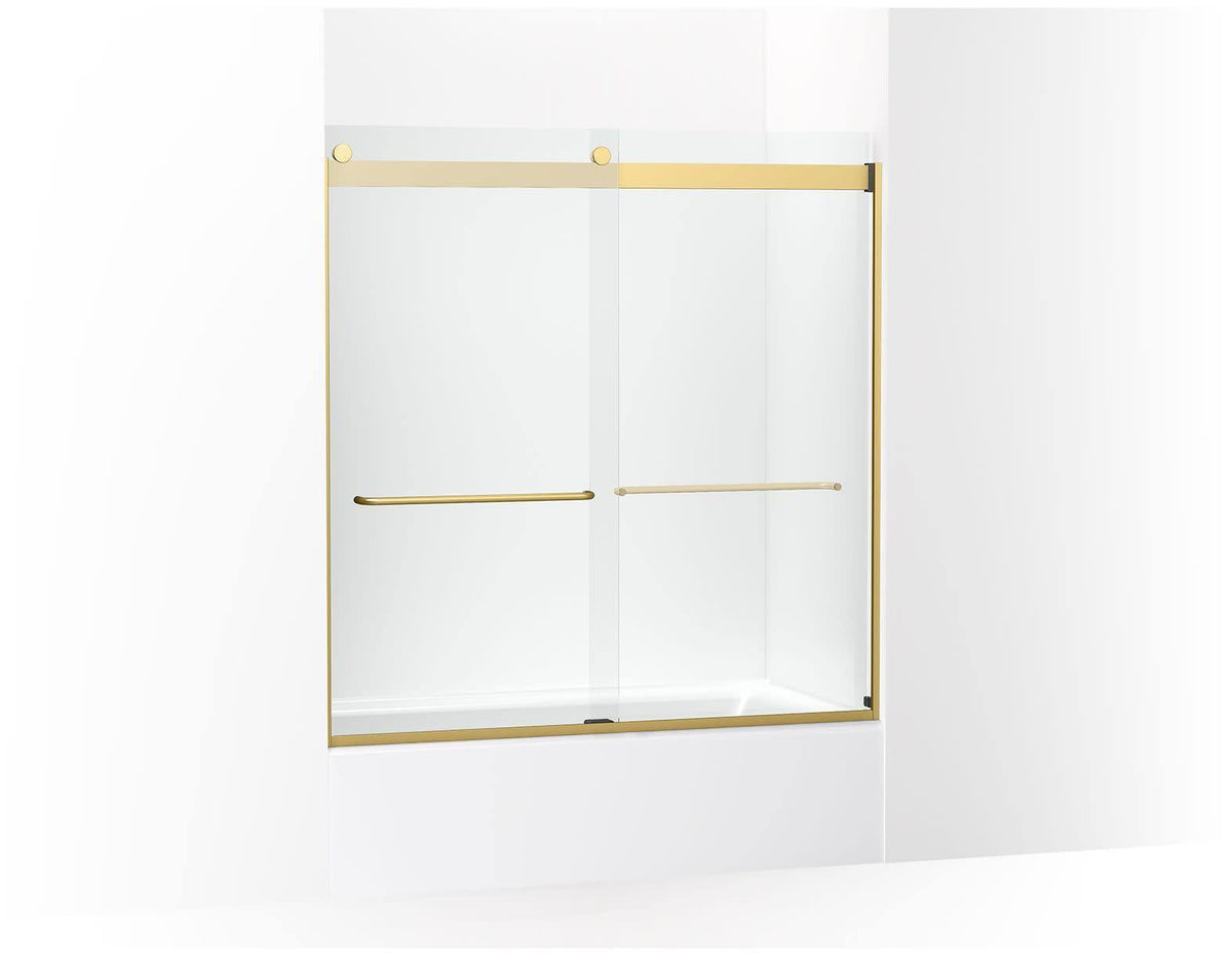 Kohler K-706004-L Levity Sliding Bath Door, 62" H x 56-5/8 - 59-5/8" W, with 1/4" Thick Crystal Clear Glass - Vibrant Brushed Moderne Brass