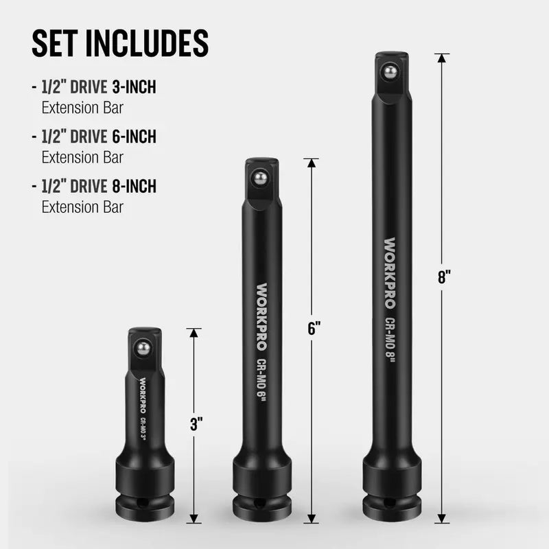 WORKPRO 3-Piece Heavy-Duty Impact Extension Bar Set: 3â€? 6â€? and 8â€?(1/2â€?Drive)