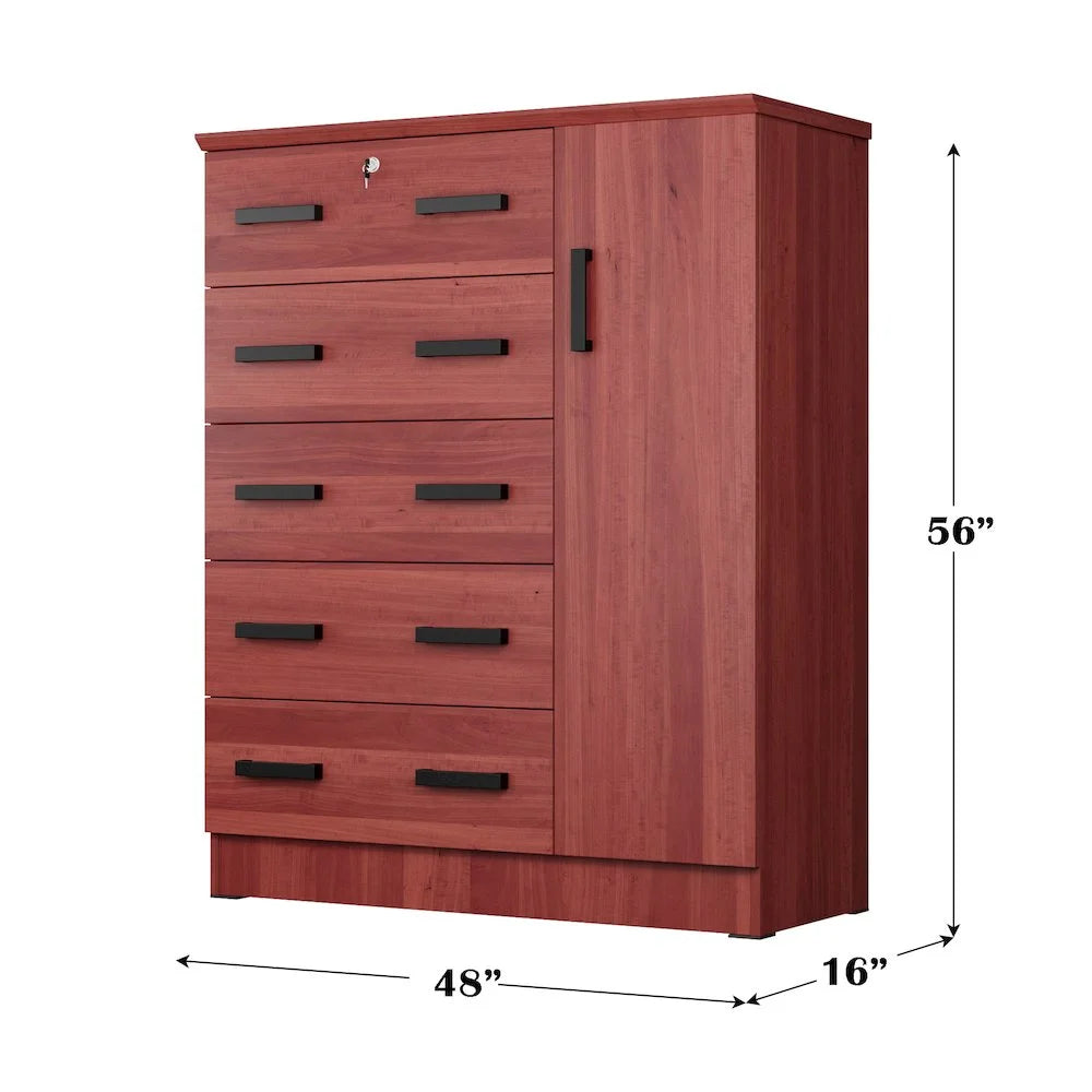 Better Home Products JCF Sofie 5 Drawer Wooden Tall Chest Wardrobe in Mahogany