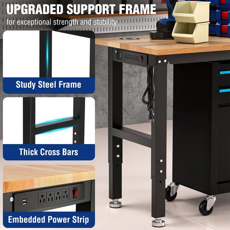 WORKPRO 60â€?x 24â€?Adjustable Workbench â€?1500-LB Capacity, Hardwood Top, Power Outlets