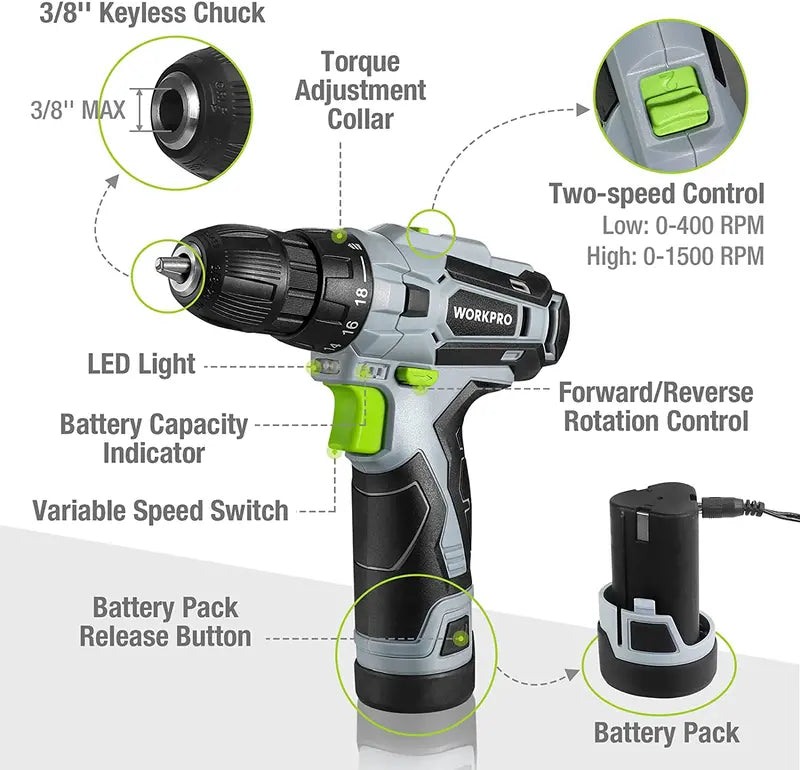 WORKPRO 12V Keyless Chuck Cordless Drill Driver with Charger and Carry Bag