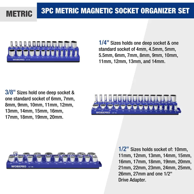 WORKPRO Magnetic Socket Organizer for 1/4â€? 3/8â€? and 1/2â€?Drive â€?Metric & SAE Sizes (Sockets Not Included)