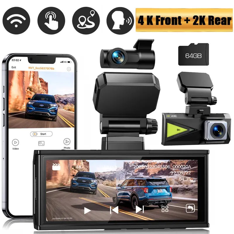 TOGUARD 4K Dash Cam with 5GHz WiFi, GPS, Night Vision, Touch Screen & 64GB Card â€?Front & Rear Cameras