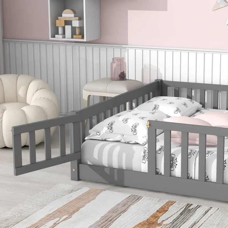 Uhomepro Full-Size Kids Floor Bed â€?Pine Wood Playhouse Design with Fence & Door