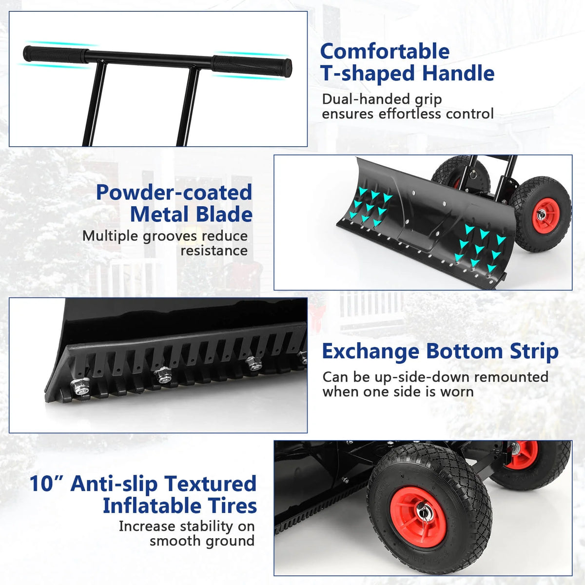 Costway 36" Snow Shovel Pusher with 10" Inflatable Wheels Adjustable Handle & Head Black