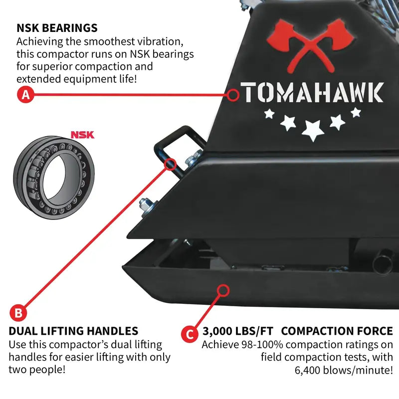 Tomahawk Power Gas Plate Compactor â€?5.5 HP, 3000 lbs/ft Force, 63cc Engine, 17×13â€?Plate