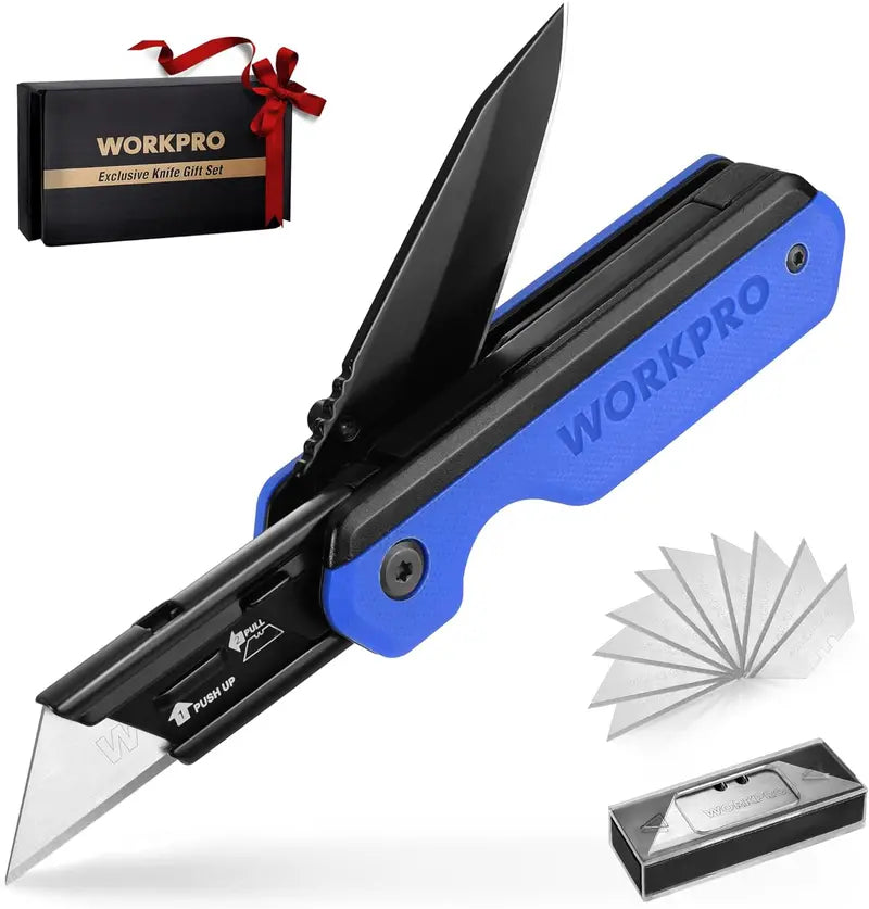 WORKPRO 2-in-1 Folding Utility Knife â€?Quick-Change Box Cutter with G10 Handle & 10 Blades