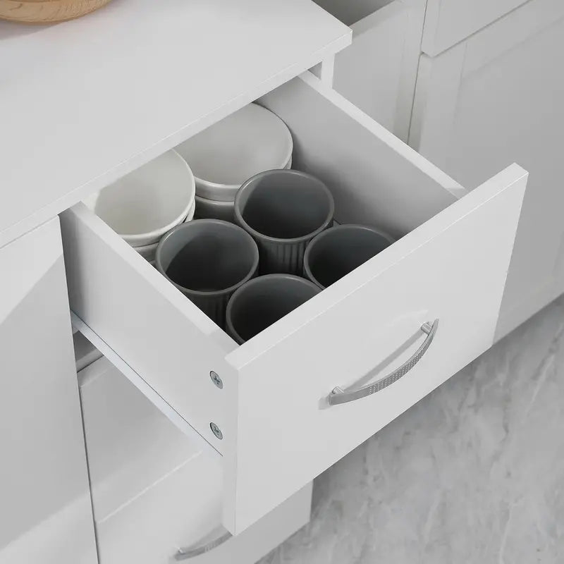 White 66â€?Microwave Stand & Pantry Cabinet â€?Multi-Functional Kitchen Storage Unit with Shelf Organization