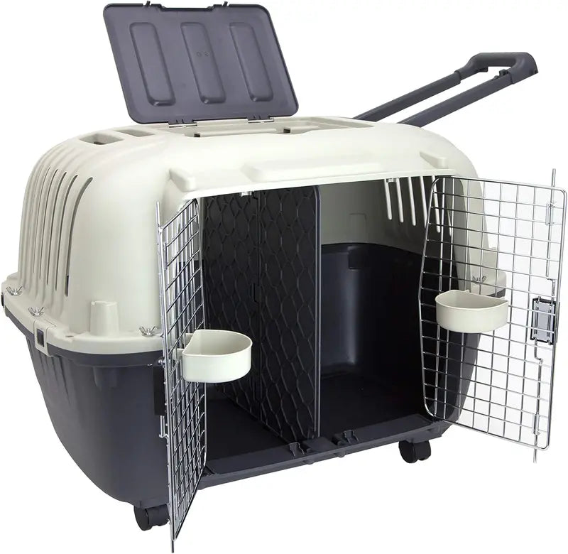 SportPet Designs Rolling Travel Dog Crate â€?Airline-Approved Plastic Kennel with Wire Door, XXX-Large Size, Gray