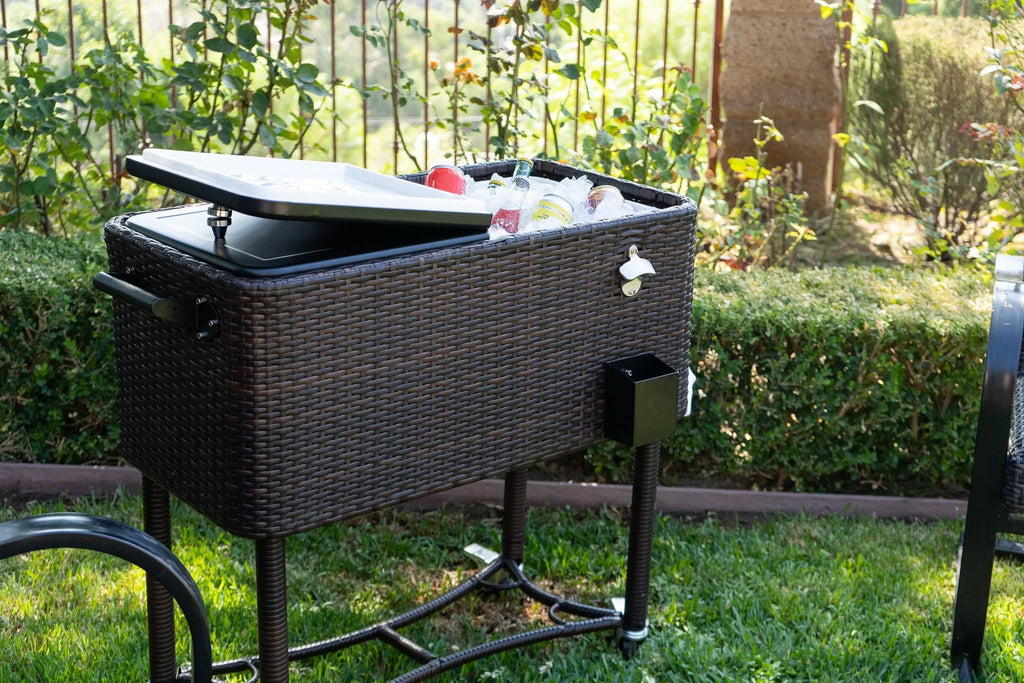 Permasteel 80 - QT Wicker Outdoor Patio Cooler, Hand - Woven Wicker Cooler Cart, Rolling Cooler on Wheels with Handle, Brown