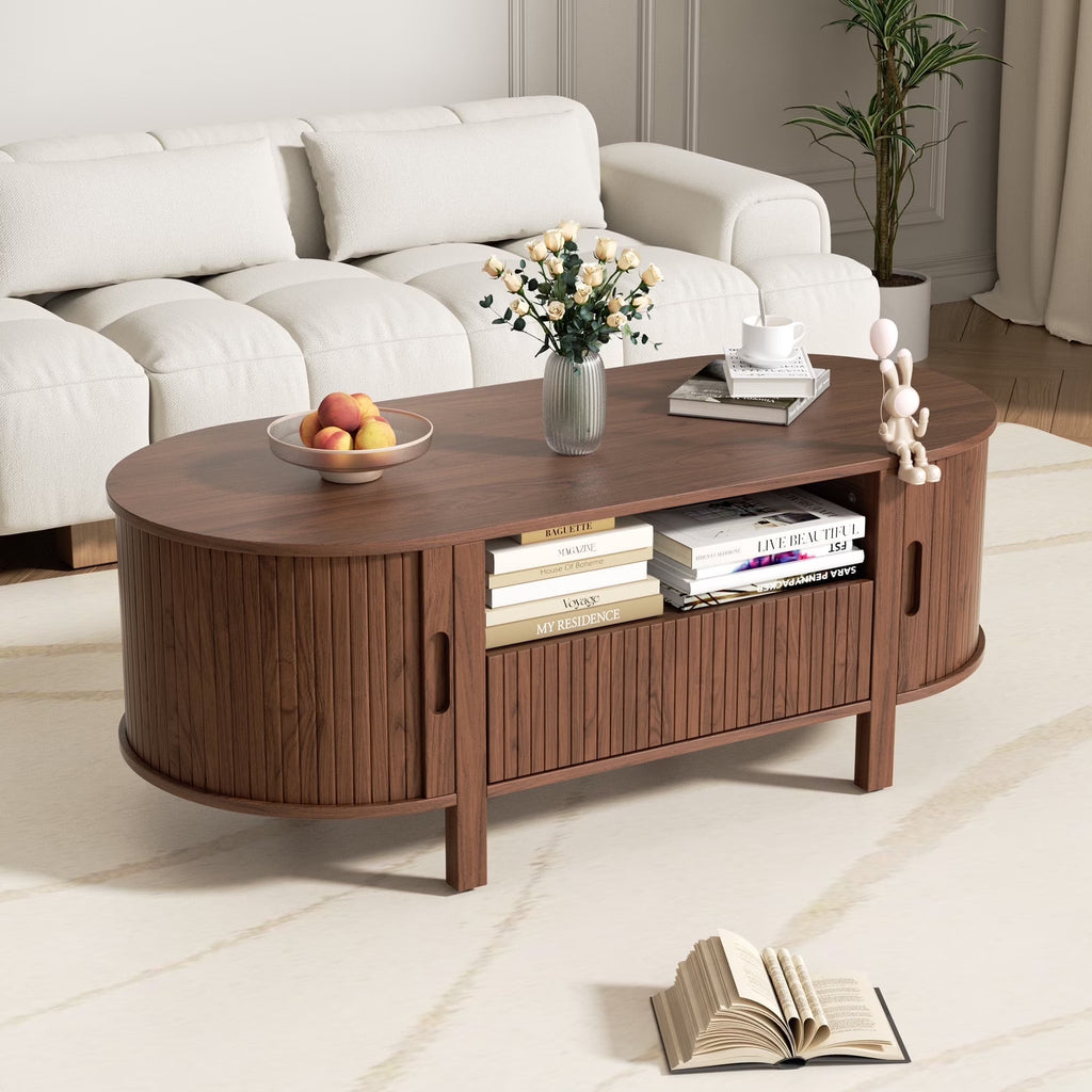MARNUR Coffee Table with Storage, Tambour Sliding Door, Open Shelf, Mid Century Modern Center Table with Drawer for Living Room, Walnut