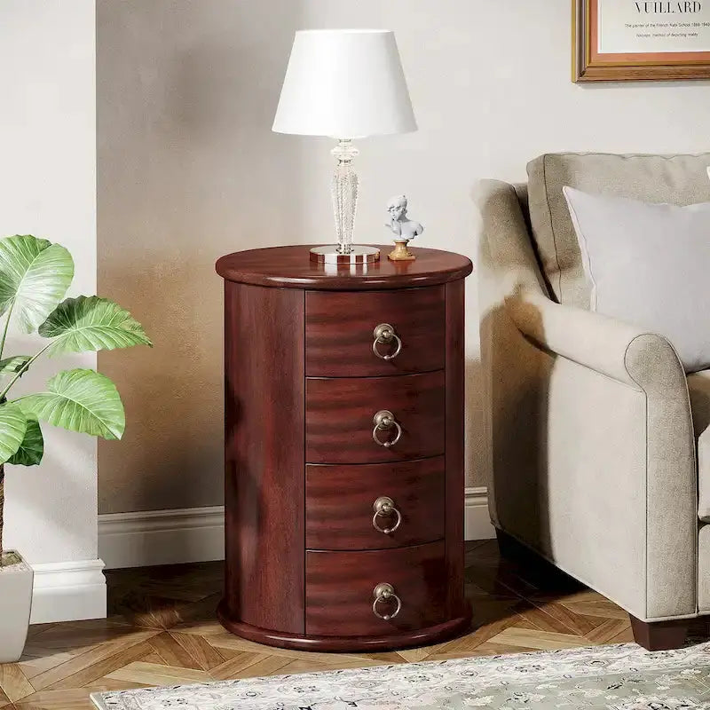 Vintage-Inspired Solid Wood End Table â€?No-Assembly Round Side Table with Hidden Drawer