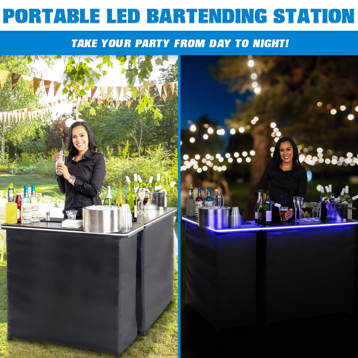 Gobar Portable Double Bar Table Set with Multi - Color LED Lights - Mobile Bartender Station for Events - Includes Carrying Case