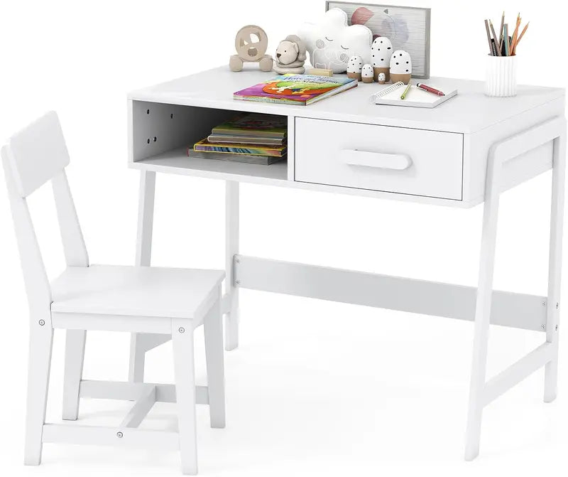 Wooden Kids' Desk and Chair Set with Storage Hutch & Drawer â€?Compact Study Station for Children Ages 3+ (White)