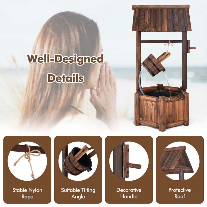 Rustic Outdoor Wishing Well Water Fountain with Electric Pump & Bucket, Old-Fashioned Wood Waterfall Fountain for Garden, Backyard & Patio Decor