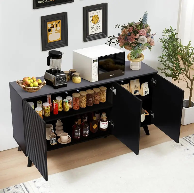 Walnut-Finish Modern Credenza â€?Fluted-Door Sideboard Buffet Cabinet for Kitchen, Dining or Entryway Spaces