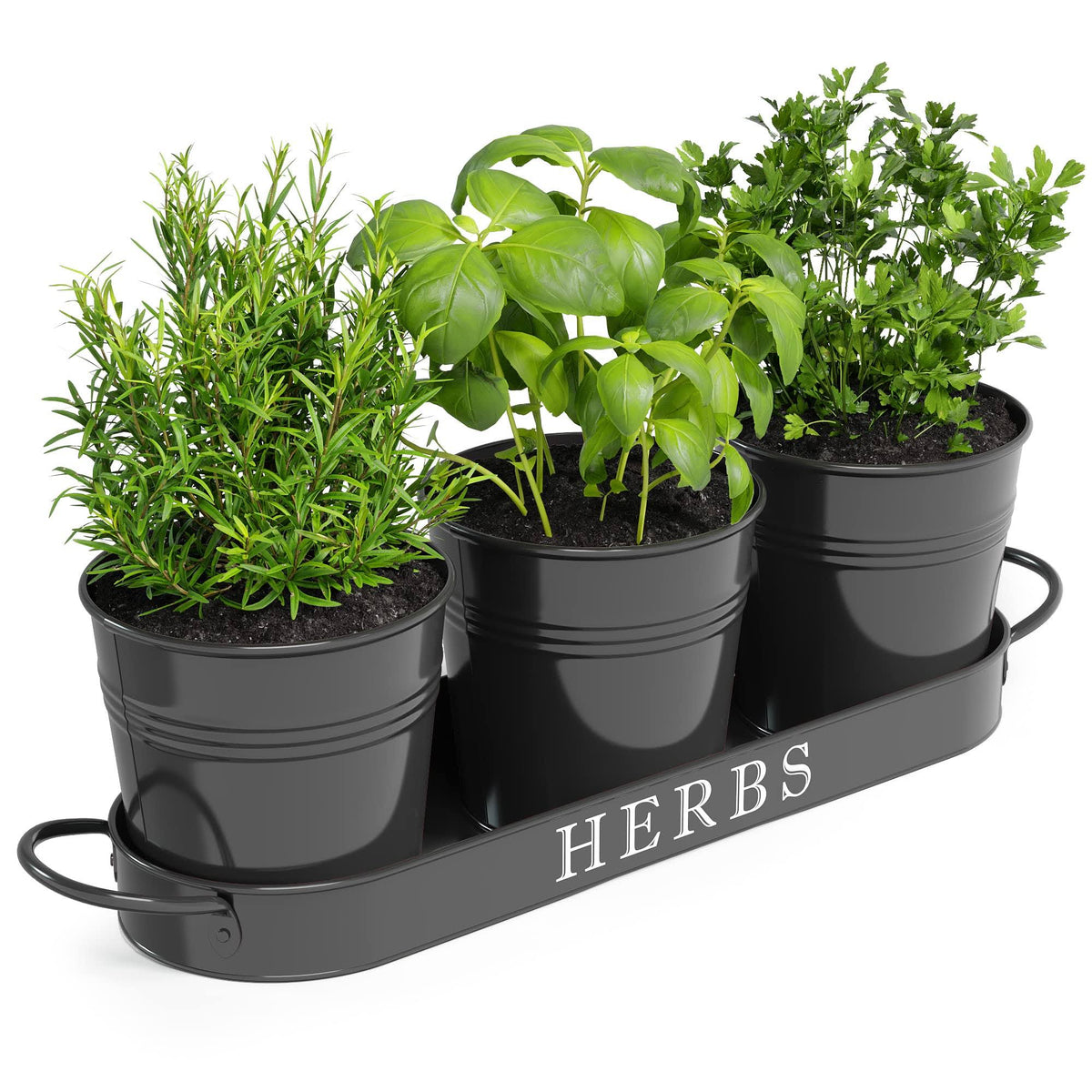 Barnyard Designs Indoor Herb Garden Planter Set with Tray, Metal Windowsill Plant Pots with Drainage for Outdoor or Indoor Plants, Black, Set/3