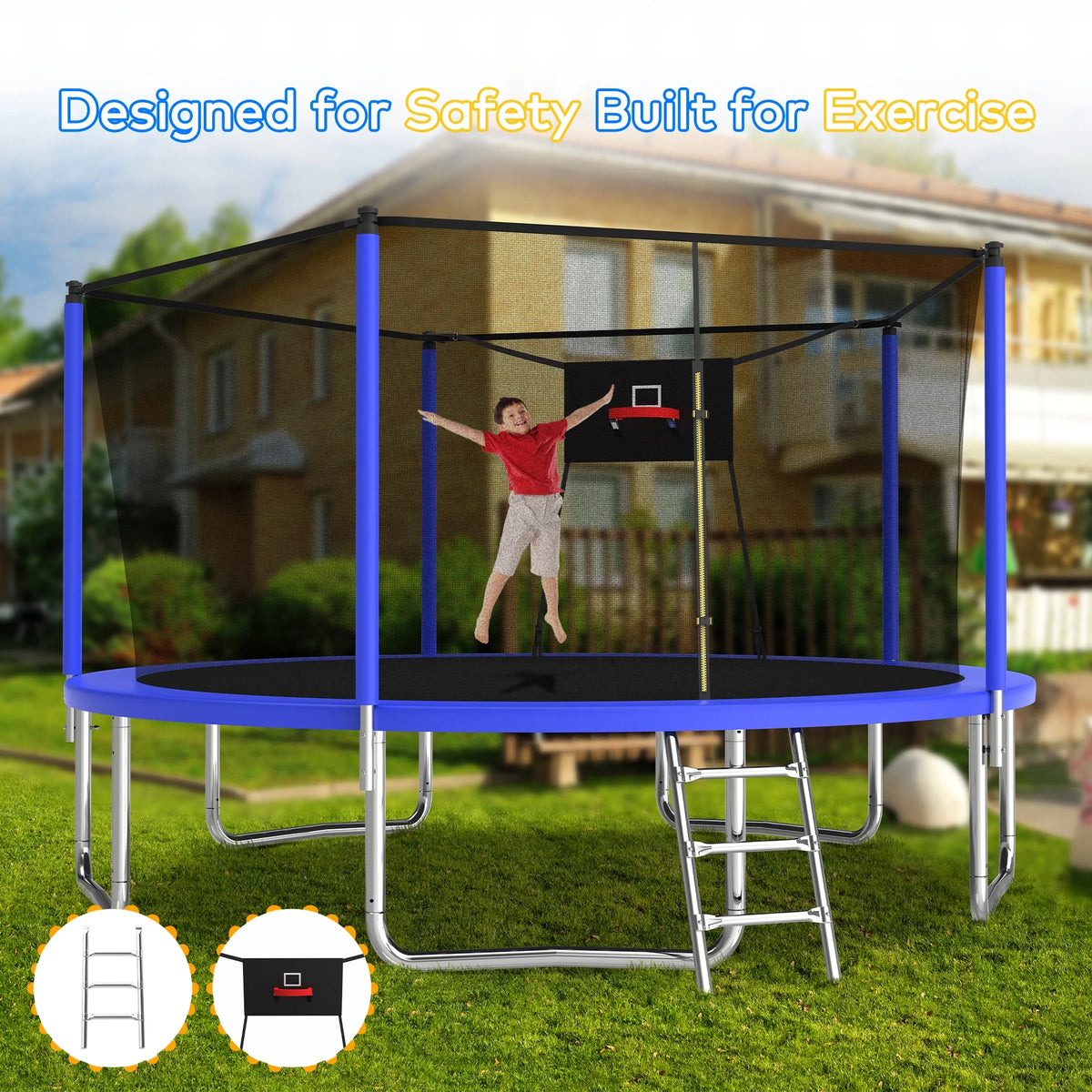 14ft Trampoline with Basketball Hoop, Outdoor Trampoline with with Enclosure Net, Blue