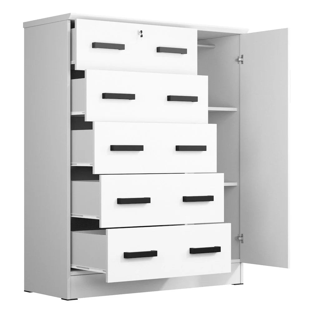 Better Home Products JCF Sofie 5 Drawer Wooden Tall Chest Wardrobe in Mahogany