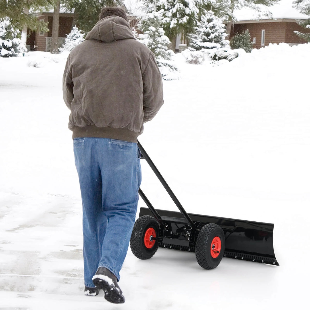 Costway 36" Snow Shovel Pusher with 10" Inflatable Wheels Adjustable Handle & Head Black
