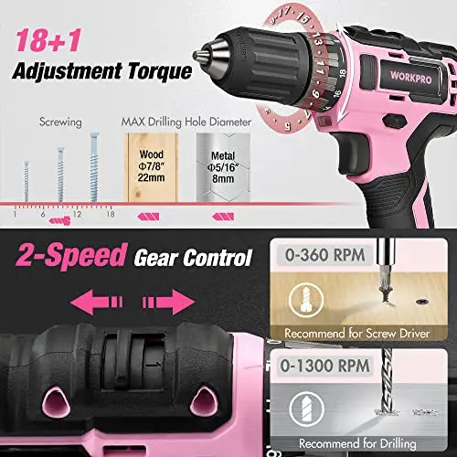 WORKPRO Pink Household Tool Kit with 20V Cordless Lithium-ion Drill Driver