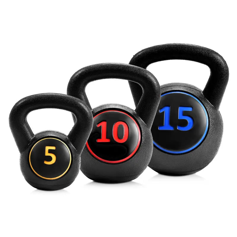 Three-Piece Kettlebell Set â€?HDPE-Coated Weights (5, 10, 15 lbs) for Home Fitness