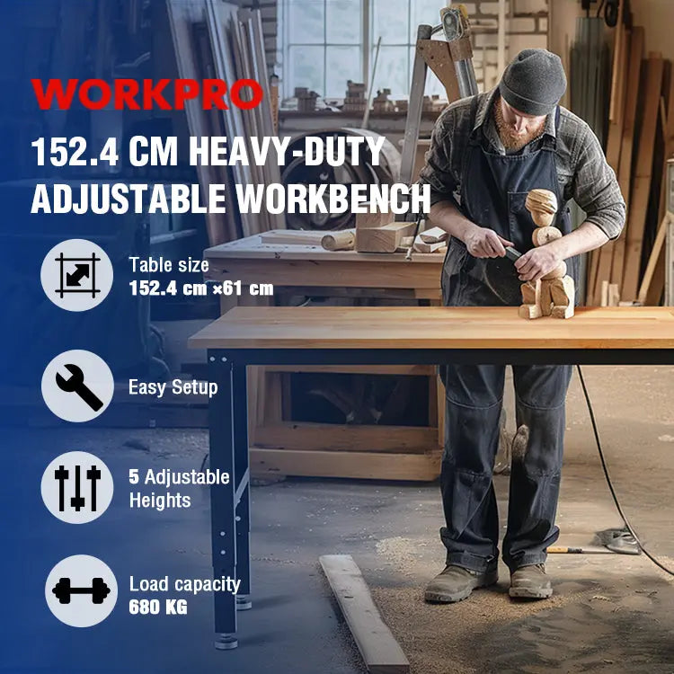 WORKPRO 60â€?x 24â€?Adjustable Workbench â€?1500-LB Capacity, Hardwood Top, Power Outlets
