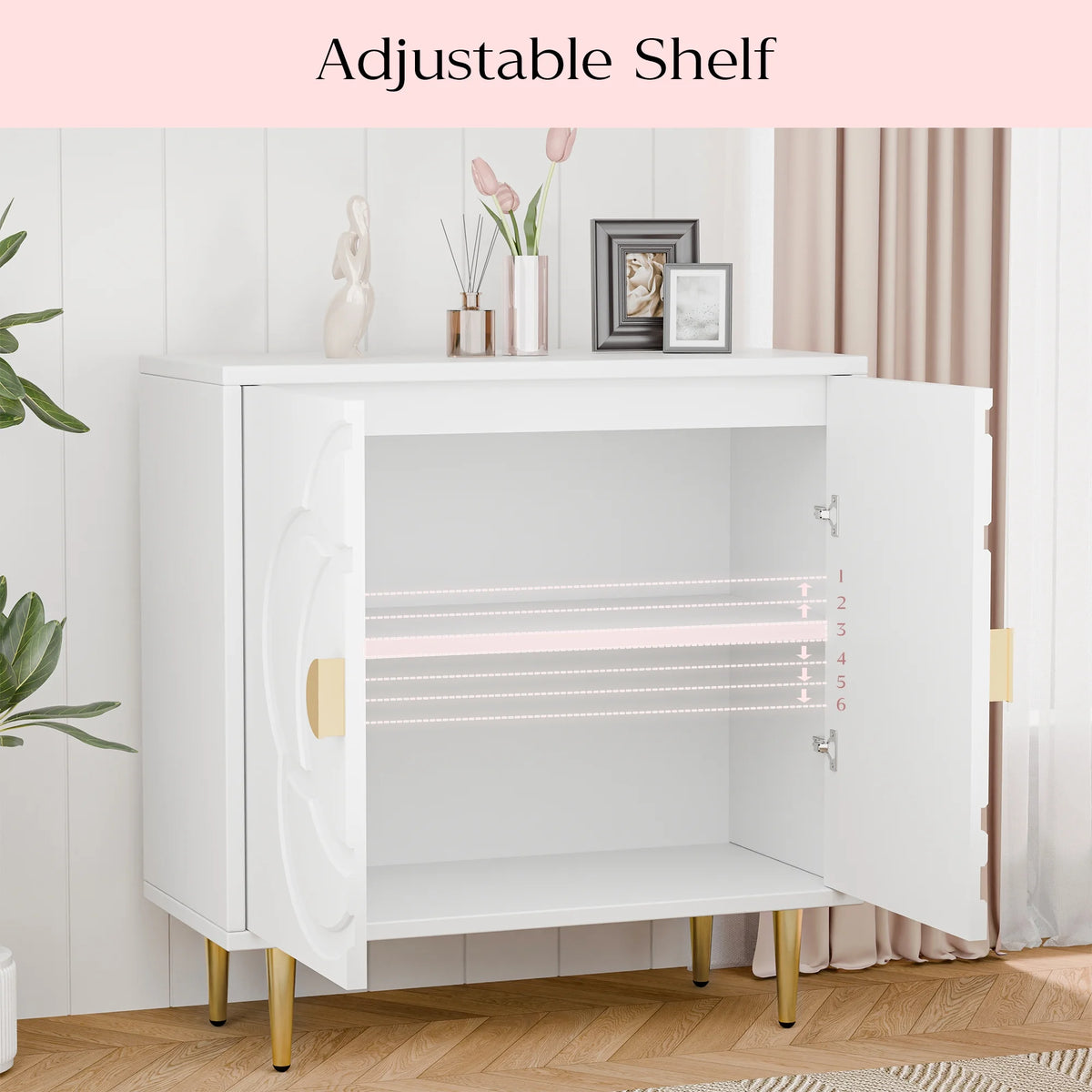 Tolead Modern Sideboard Buffet Cabinet with Flower Pattern Panel, 6 Shelves, White