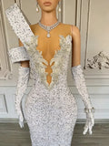 White Sequined Mermaid Formal Gown Featuring Deep V-Neck and Asymmetrical Shoulder Design