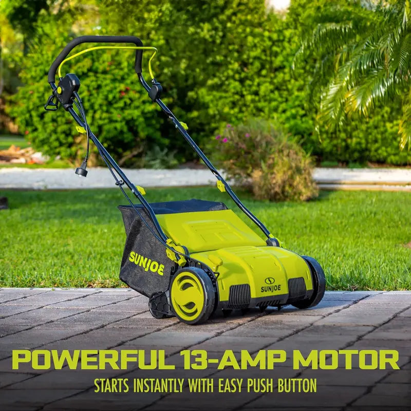 Sun Joe 15â€?13-Amp Electric Dethatcher & Scarifier with AirBoost Tech, 5-Pos Height, 13.2-Gal Bag, Green