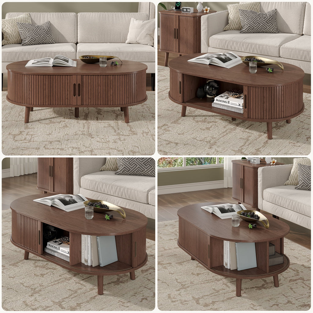 Oval Coffee Table, 42.5" Drum Coffee Table with Sliding Tambour Door, Fluted Accent Center Table with Storage, Mid Century Modern Coffee Table for Living Room, Center Table Walnut