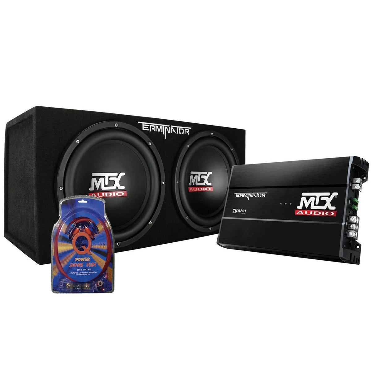 MTX 12 Dual Loaded Car Subwoofer w/Sub Box. Amplifier. & QPower Wiring Kit