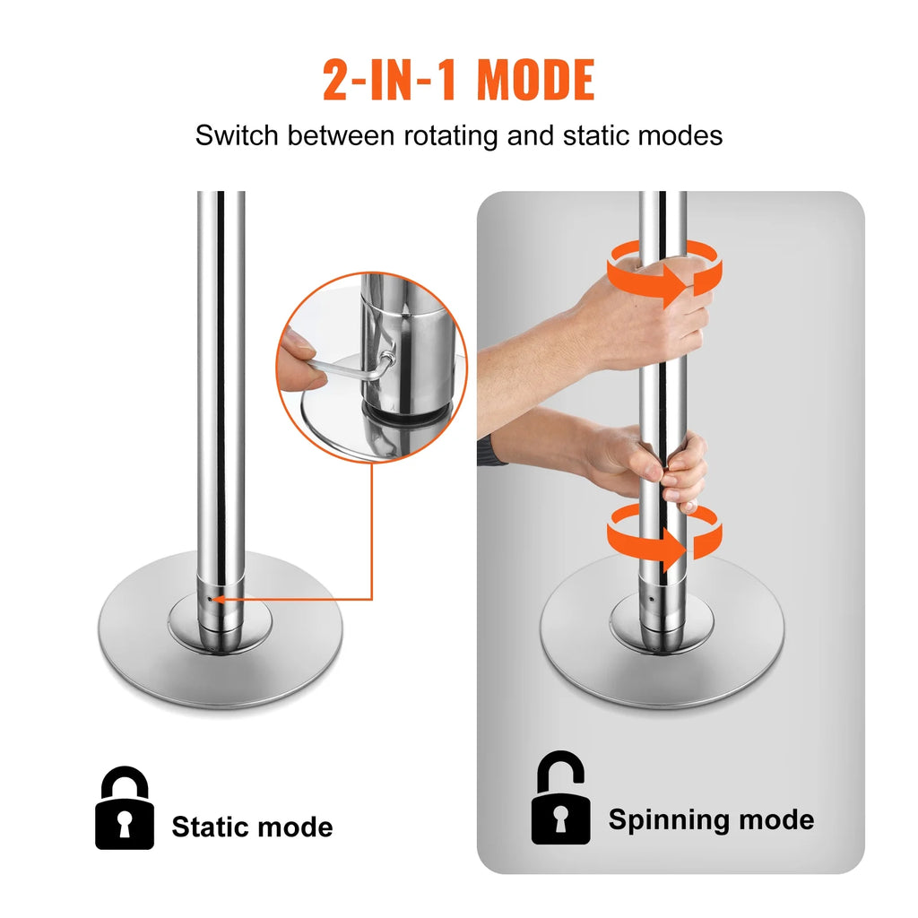 KFFKFF Expert Dance Pole, Rotating and Stationary Dance Pole Set, Detachable Portable Pole, 45mm Robust Stainless Steel Pole, Fitness Pole with Adjustable Height, Suitable for Workout Home, Silver