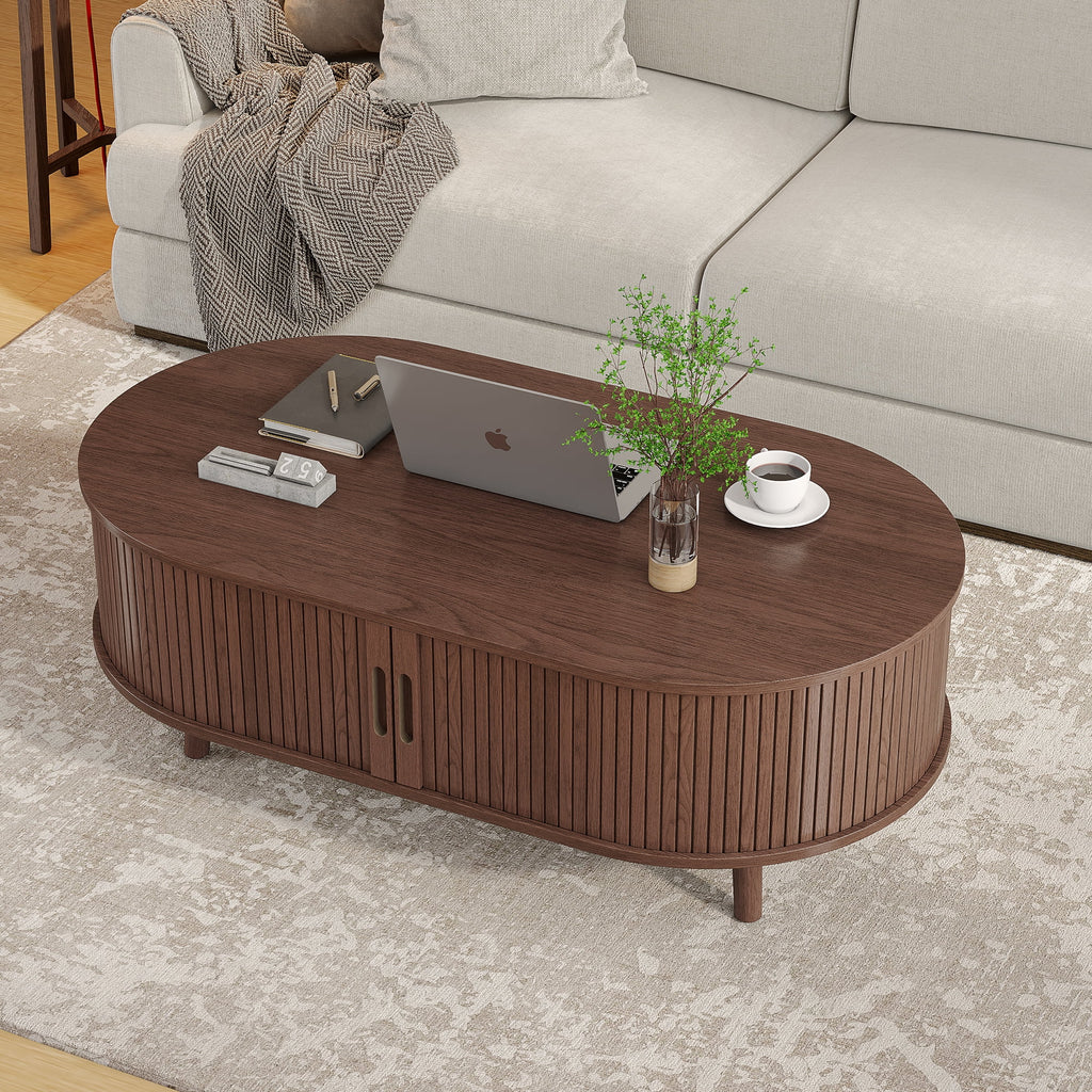 Oval Coffee Table, 42.5" Drum Coffee Table with Sliding Tambour Door, Fluted Accent Center Table with Storage, Mid Century Modern Coffee Table for Living Room, Center Table Walnut