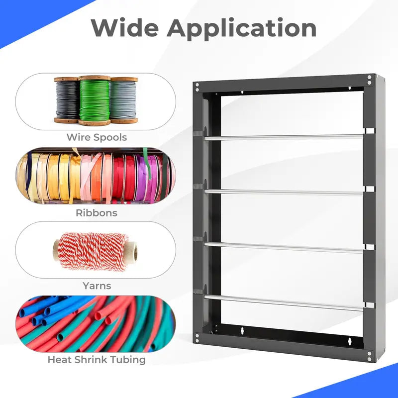 Wall-Mounted Wire Spool Rack â€?Four-Rod Cable & Ribbon Organizer with Dispensing Design