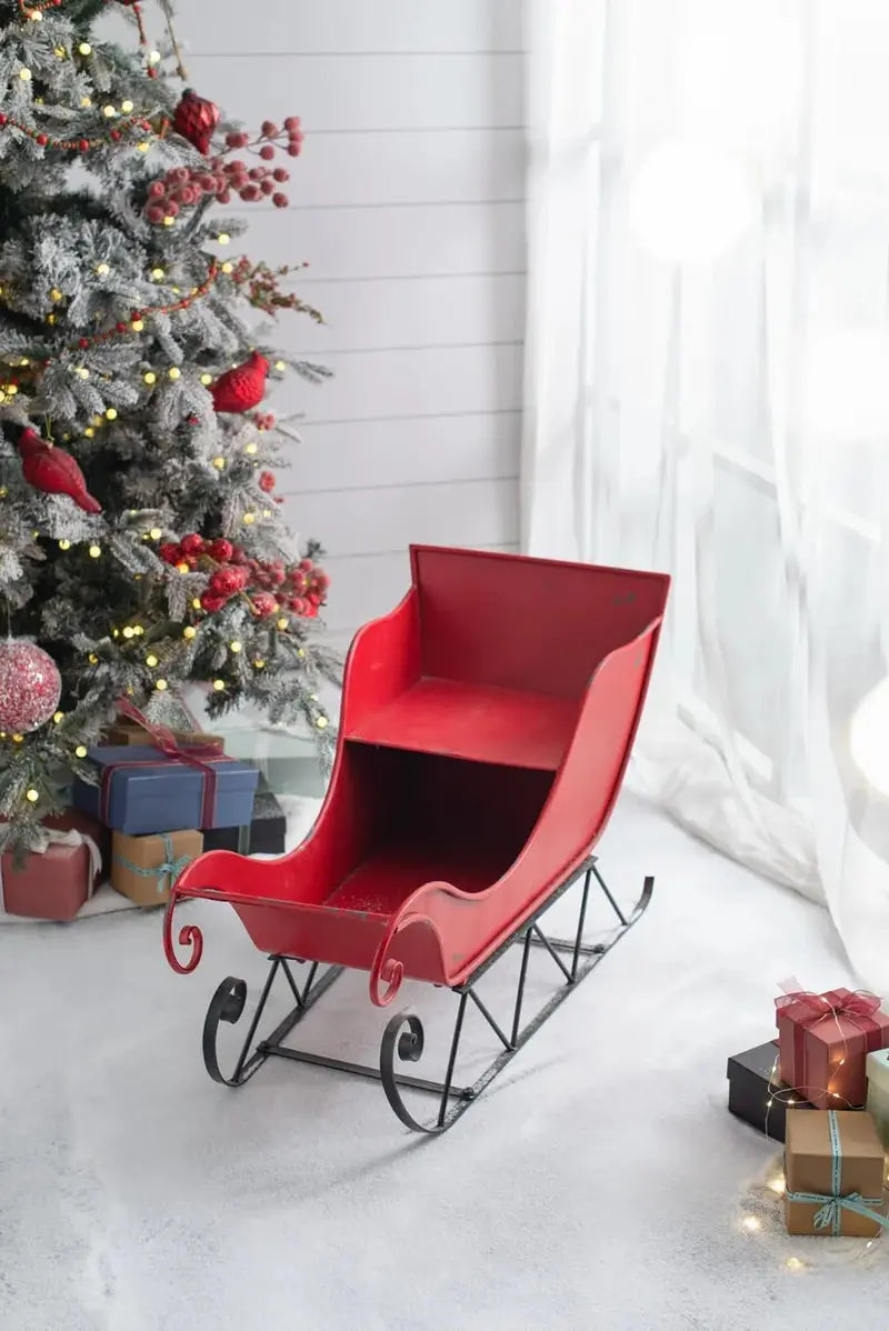 Vintage-Style Outdoor Christmas Sleigh Decor â€?39-Inch Red Metal Santa Sleigh for Garden or Patio