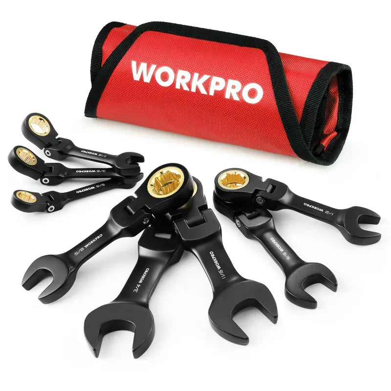 WORKPRO 8-Piece Flex-Head Stubby Wrench Set â€?Anti-Slip Design with Compact Rolling Pouch