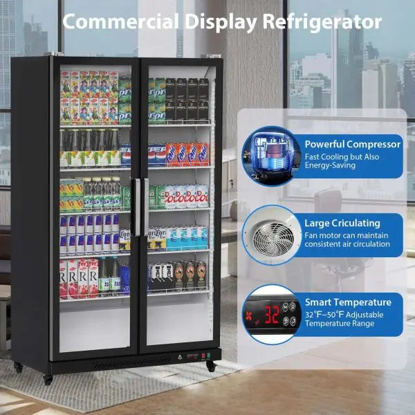 Upright Glass-Door Beverage Cooler â€?39 cu. ft. Commercial Refrigerator with LED Lighting