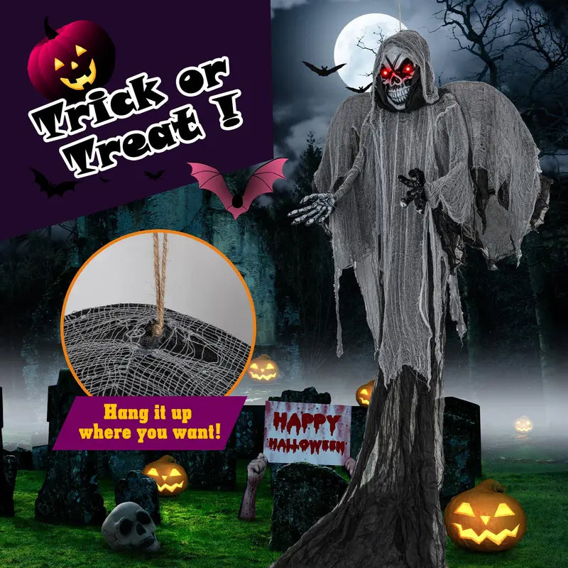 Spooky Hanging Halloween Skeleton Ghost (12.1 Ft) with Animated Red Eyes & Sound Effects