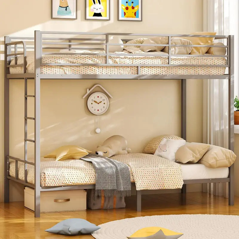 VINGLI Twin-over-Twin LED Bunk Bed â€?Non-Slip Ladder, Full-Length Guardrail, Modern Metal Frame