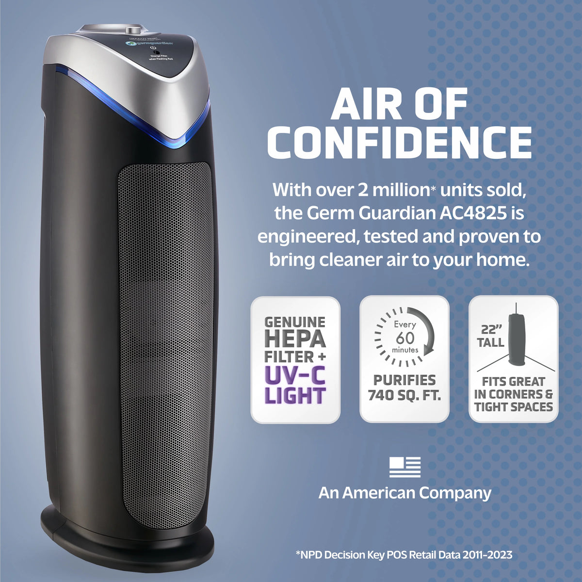 Germ Guardian Tower Air Purifier with HEPA Filter and UV - C Light Sanitizer, Gray, AC4825E