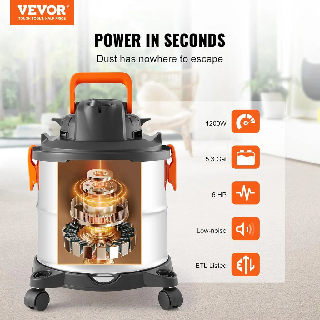 Stainless Steel Wet Dry Shop Vacuum, 5.5 Gallon 6 Peak HP Wet/Dry Vac, Powerful Suction with Blower Function W/Attachment 2 - in - 1 Crevice Nozzle, Small Vac Perfect for Carpet Debris, Pet Hair