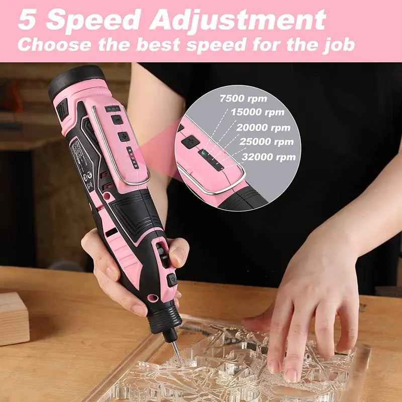 WORKPRO 12V Cordless Rotary Tool Kit â€?5-Speed Adjustable Mini Grinder with 114 Accessories and Pink Ribbon Packaging