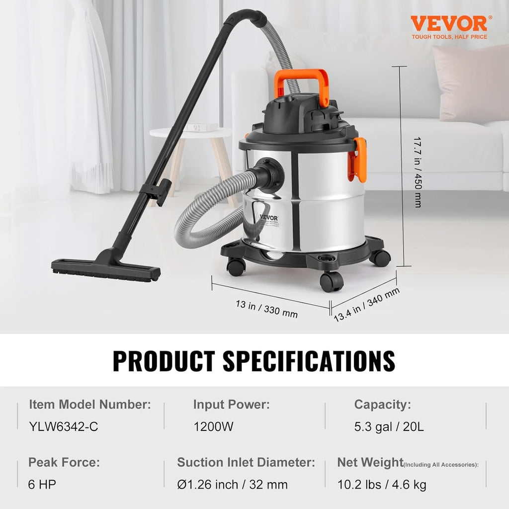 Stainless Steel Wet Dry Shop Vacuum, 5.5 Gallon 6 Peak HP Wet/Dry Vac, Powerful Suction with Blower Function W/Attachment 2 - in - 1 Crevice Nozzle, Small Vac Perfect for Carpet Debris, Pet Hair